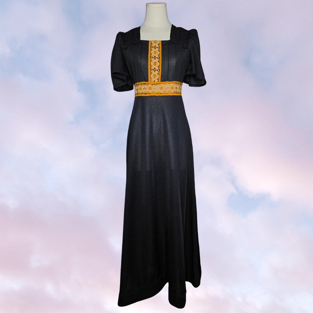 Vtg 60s Mona Black Yellow Crochet Cottage Mod Retro Empire Waist Dress Sz XS